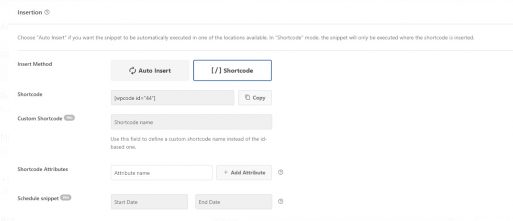 The WPCode snippet insertion settings menu