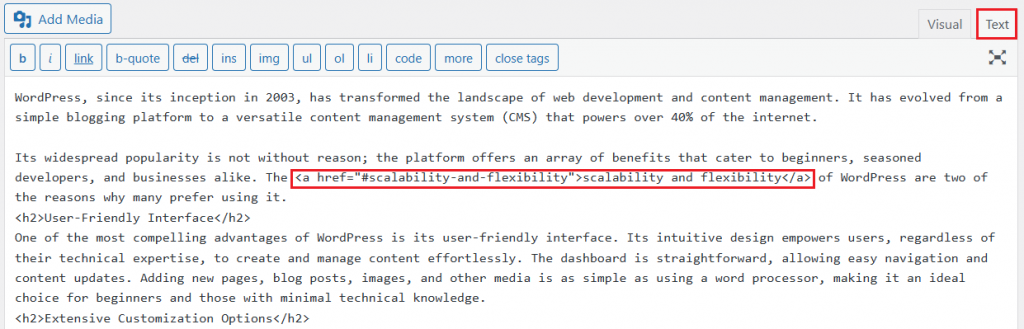 Adding an anchor link to a phrase using the WordPress classic editor's Text mode.