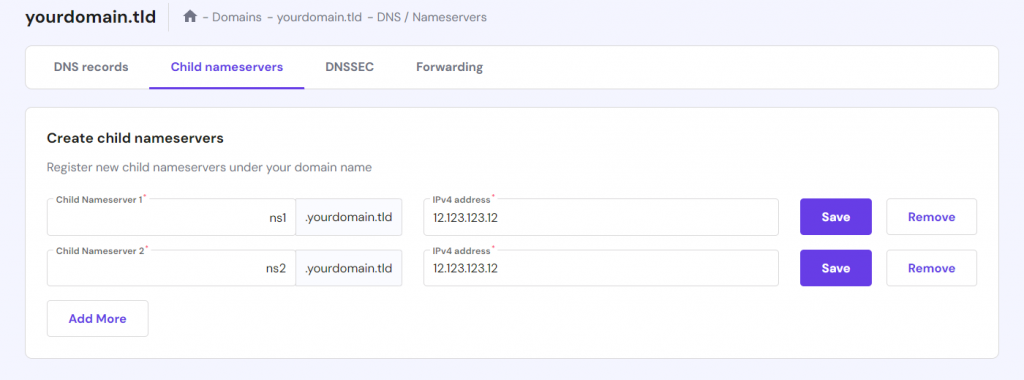 Child nameservers configuration menu in hPanel