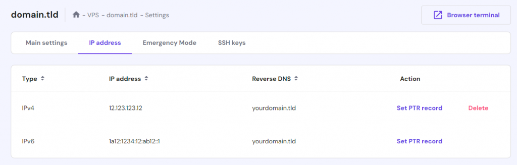 PTR records configuration in hPanel