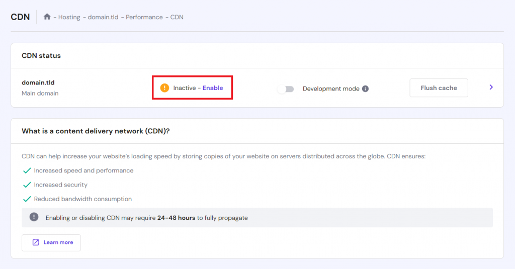 Enabling CDN from the hPanel's CDN menu