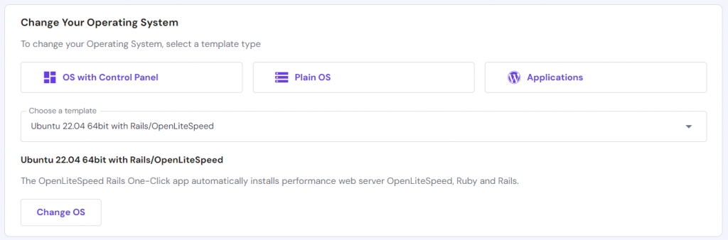 The operating system installation menu in Hostinger's VPS dashboard