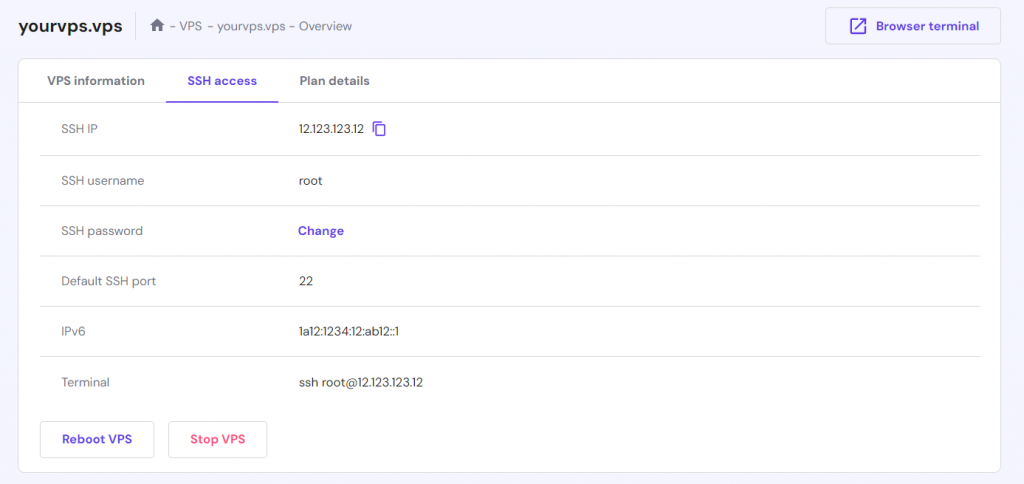 SSH login credentials location in Hostinger's VPS dashboard