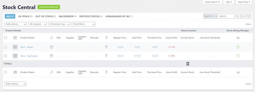 The Stock Central interface of ATUM