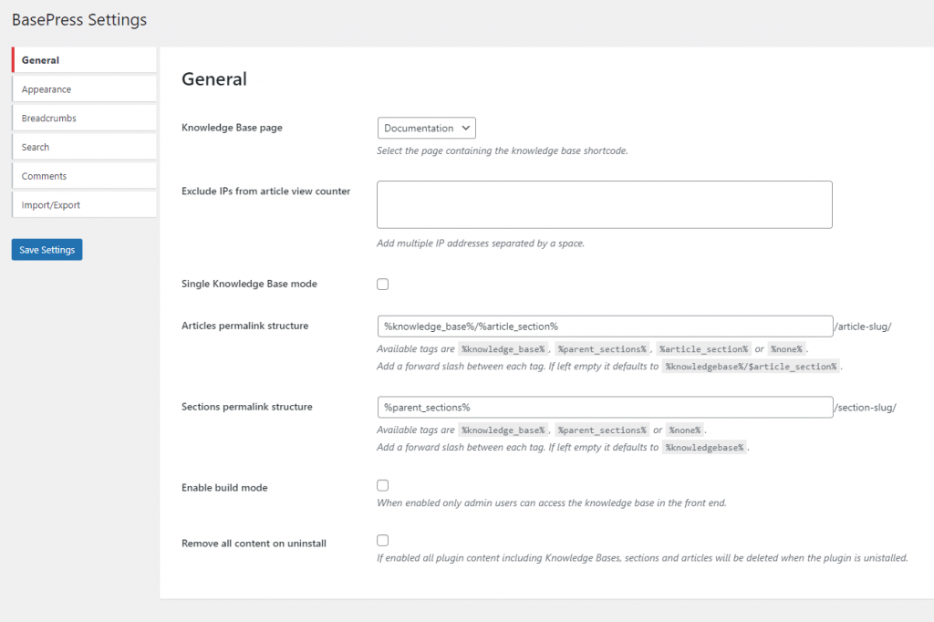 The setup wizard feature on BasePress