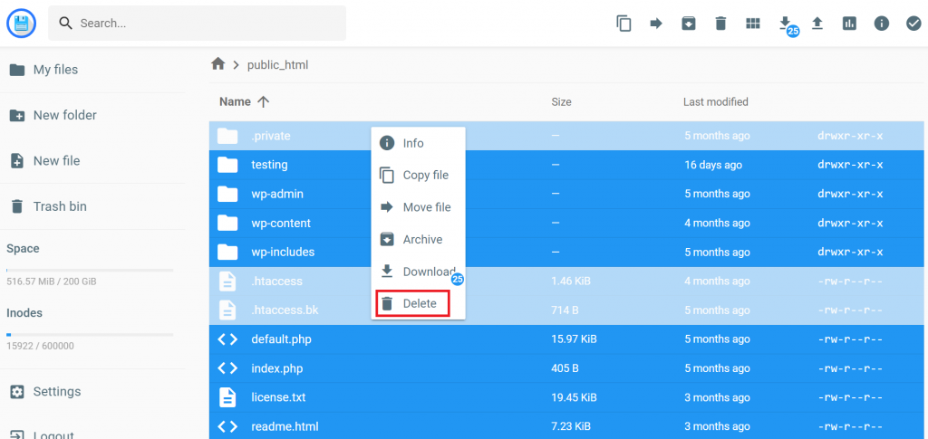 The Delete option highlighted in Hostinger's file manager public_html folder.