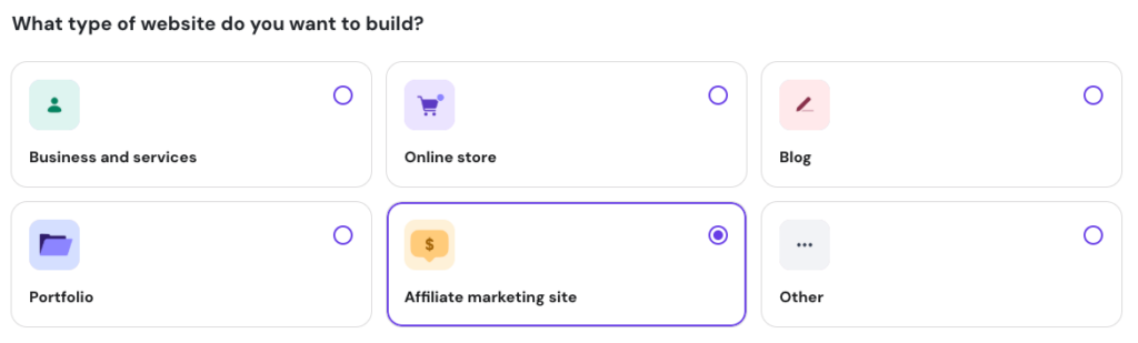 Website types in Hostinger onboarding flow, highlighting the affiliate marketing site option