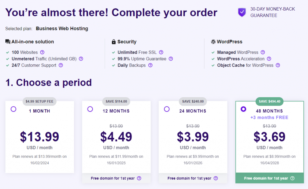 Pricing simulation for Hostinger web hosting purchase