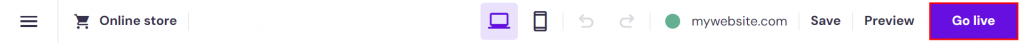 Hostinger Website Builder editor, highlighting the Go live button to publish the site