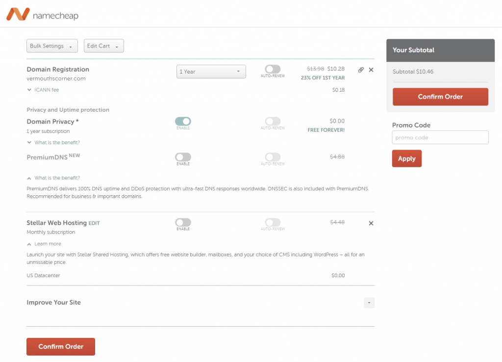 Pricing simulation for Namecheap domain registration