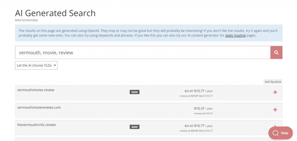 Finding domain name options in Porkbun