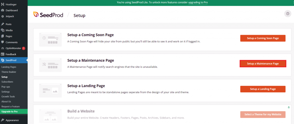 SeedProd's Setup menu page shows the Setup Maintenance Page option highlighted.