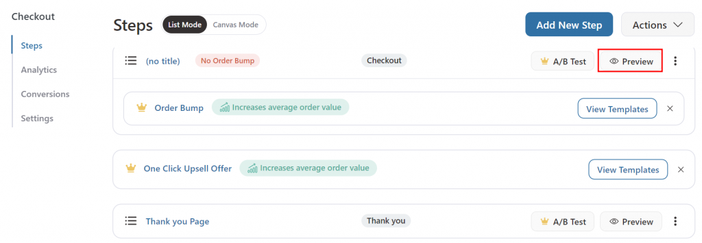 The Steps section in the FunnelKit Builder dashboard, with the Preview button highlighted in red