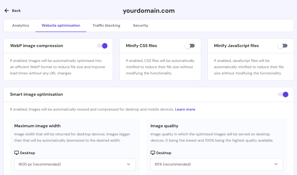 Accessing the Website optimisation tab on hPanel's CDN menu