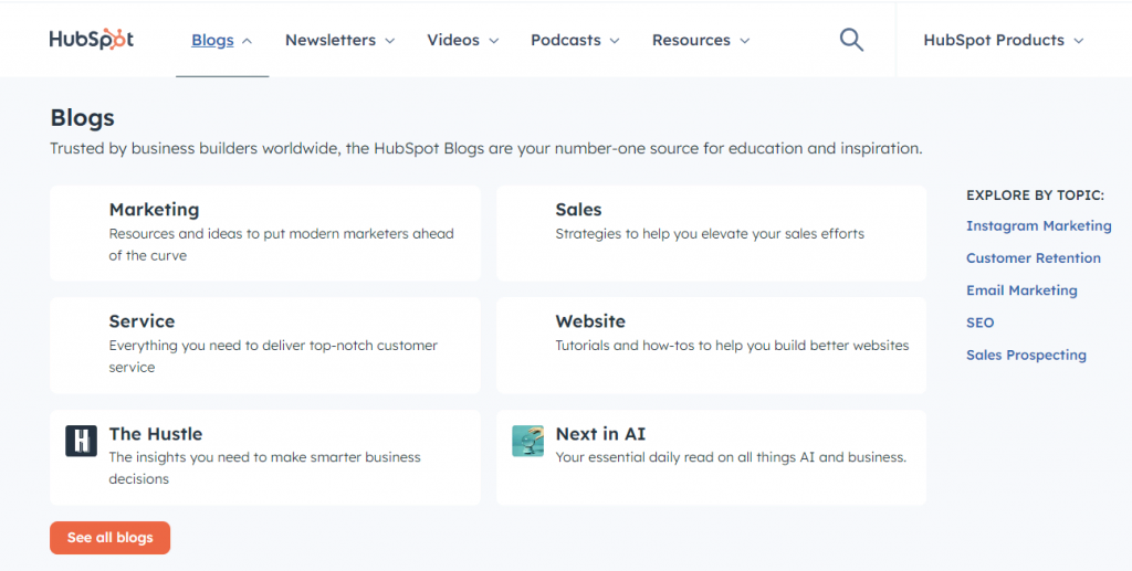 The Blogs page of HubSpot
