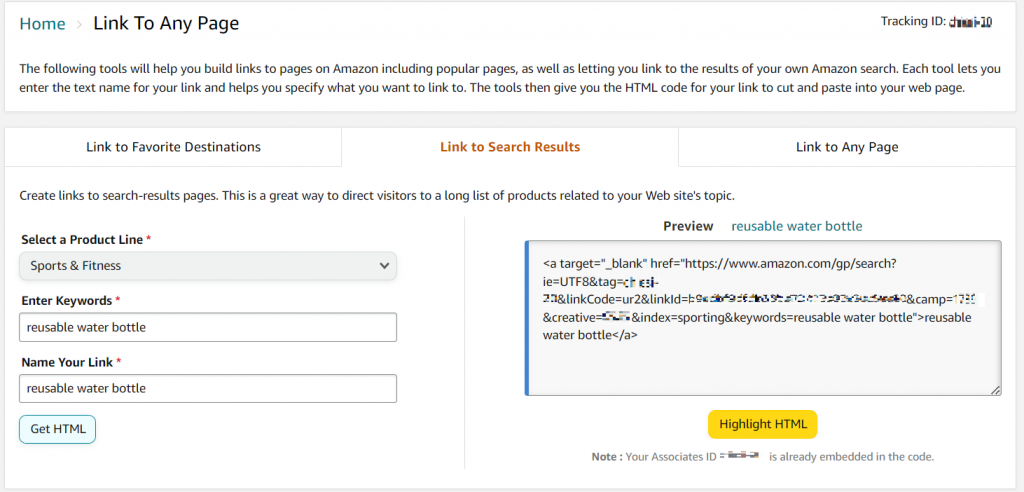 Affiliate link generator in the Amazon Associates dashboard