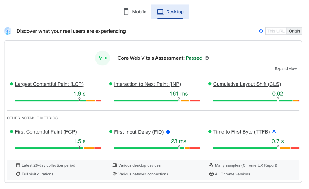 An example of the Core Web Vitals assessment showing various metrics, including the First Input Delay