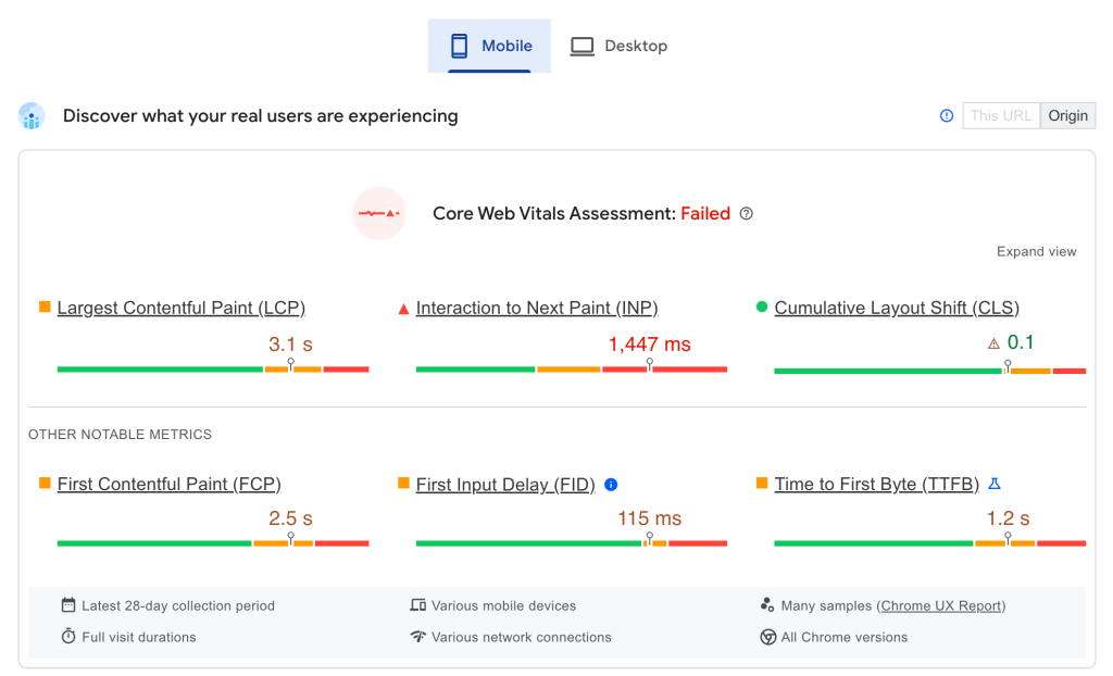 Example of the Core Web Vitals assessment of a page on a mobile