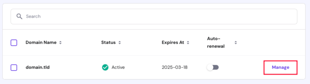 Hostinger's domain portfolio with the Manage button highlighted