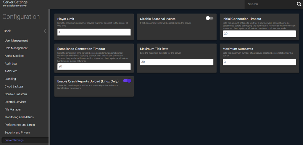 Accessing the Server Settings menu in Game Panel