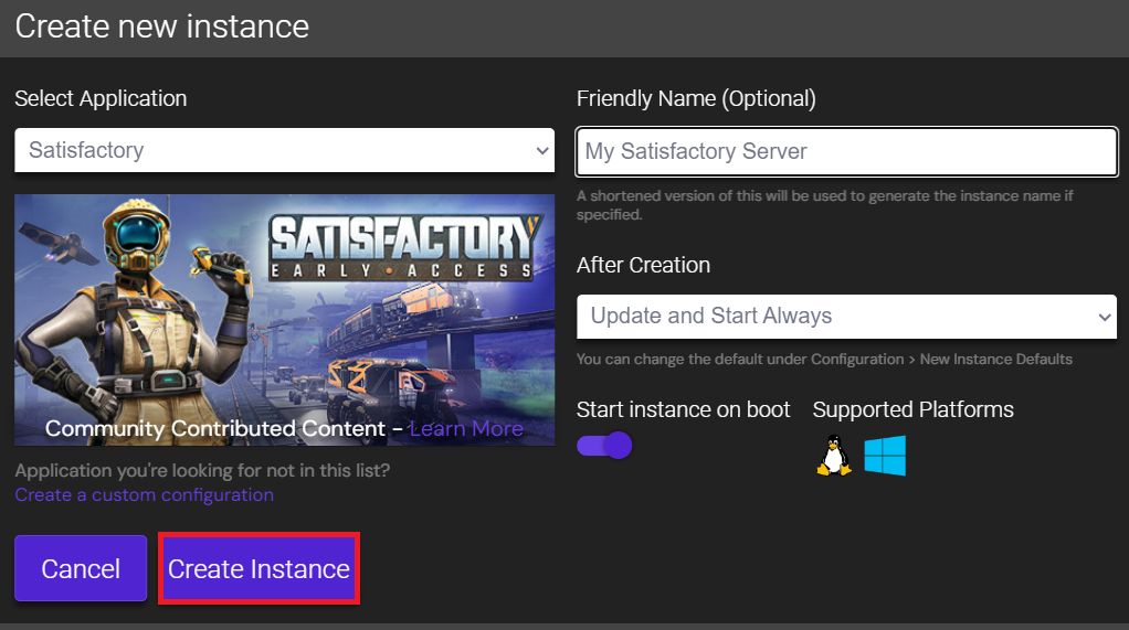 Creating a new Satisfactory instance in Game Panel