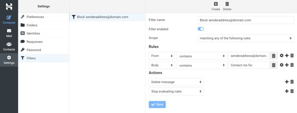 Hostinger webmail settings where use can manage their filters