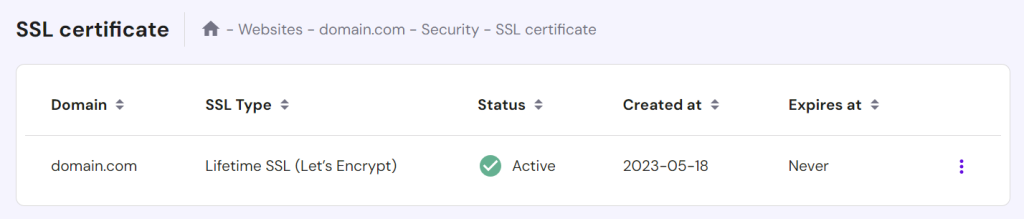 SSL section in hPanel