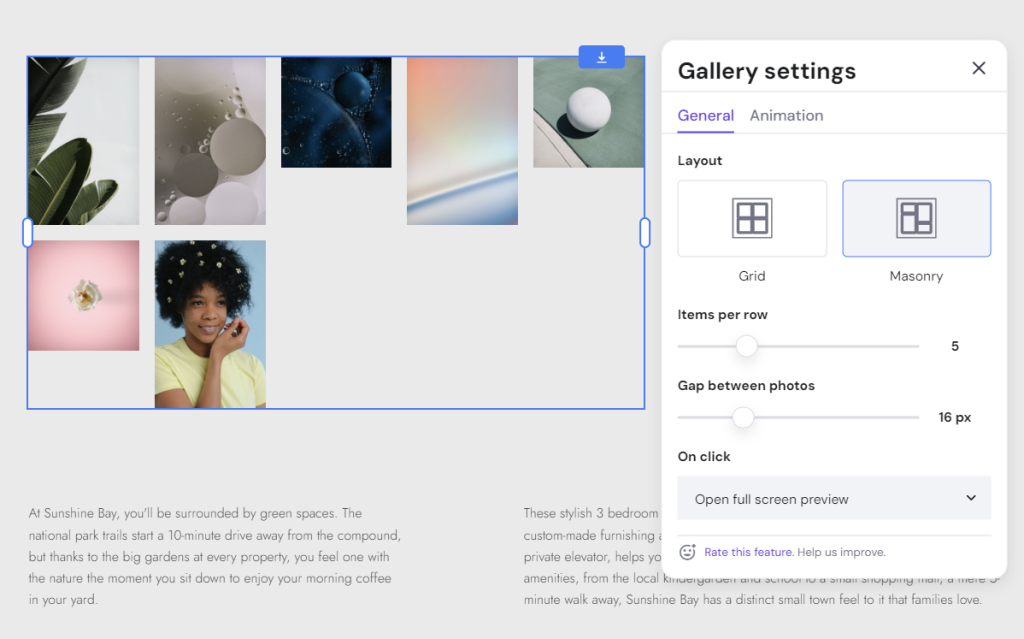 The Gallery settings in Hostinger Website Builder