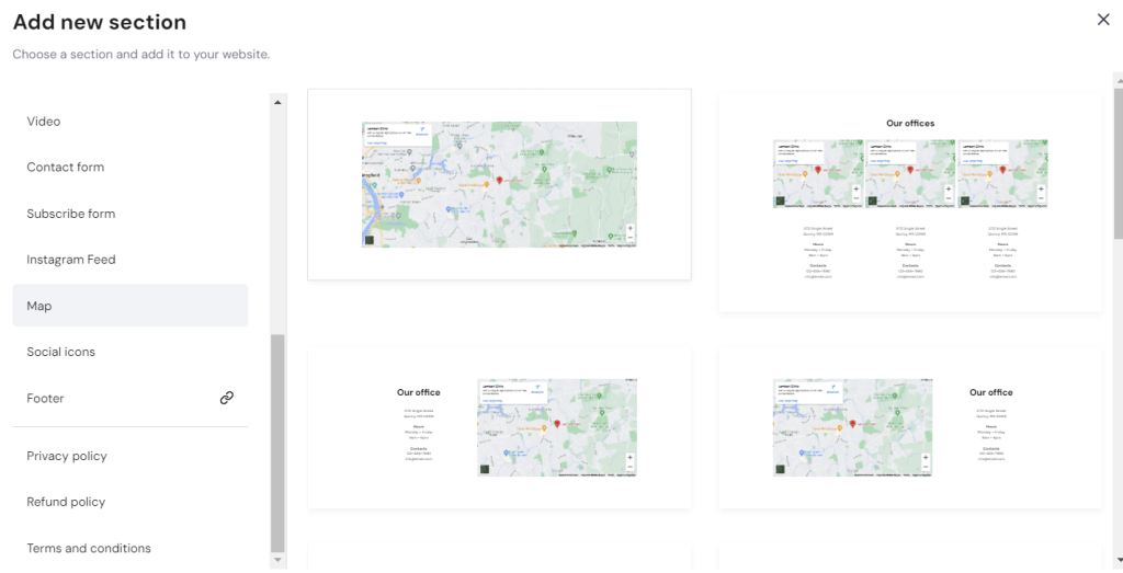 The Map section templates in Hostinger Website Builder