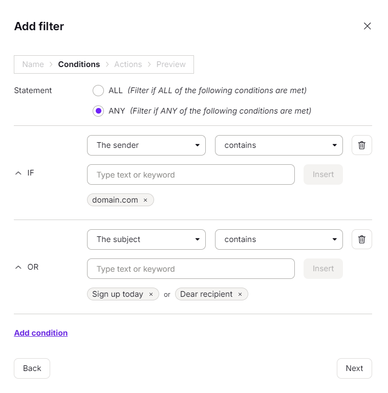 Setting filter conditions in Proton