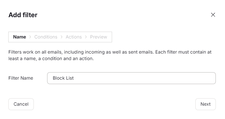 The process of adding a new filter, where user enters the filter name