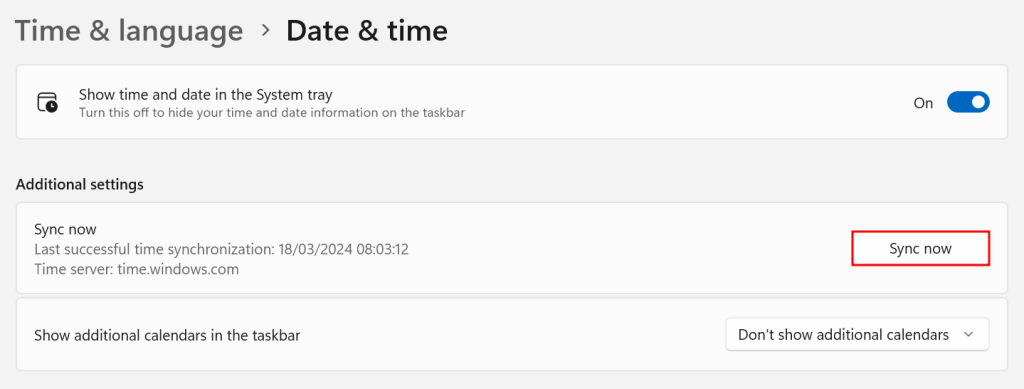 Windows' date and time settings, highlighting the option to sync time