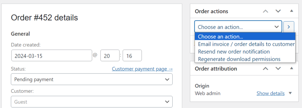 Taking actions on an open WooCommerce order