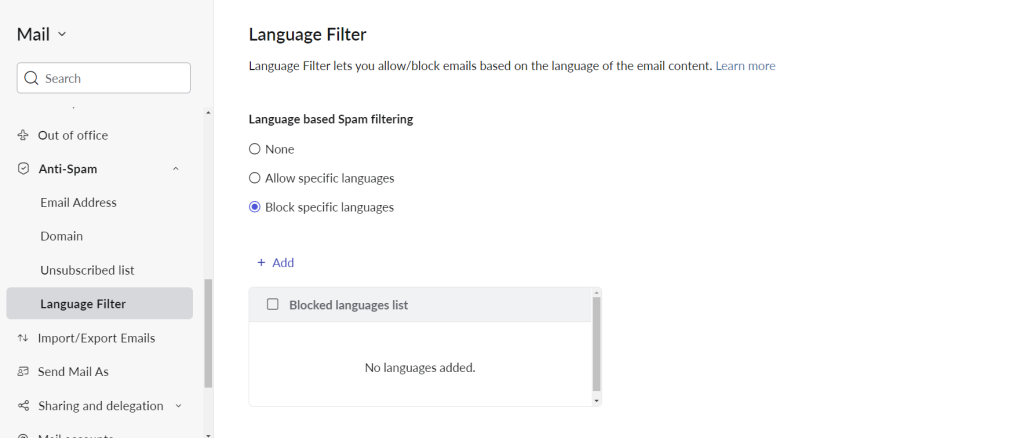 Language block list in Zoho Mail