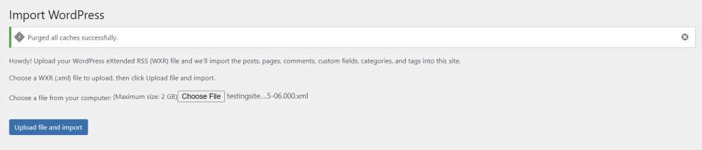 The Import section in the WordPress admin panel showing the option to upload site files