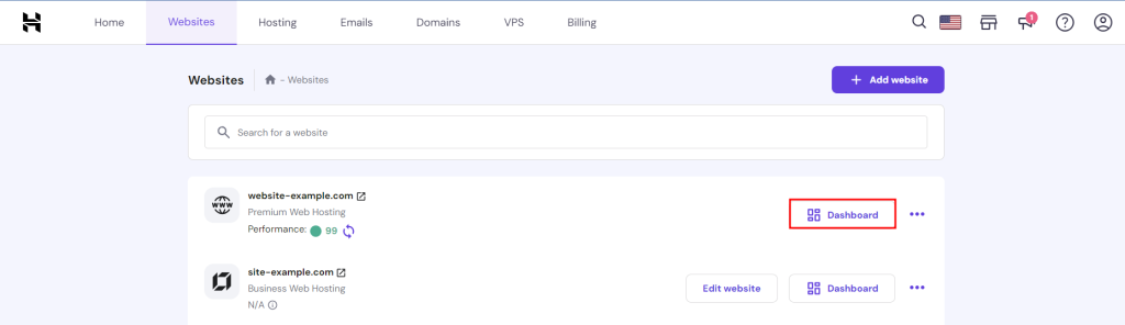 The Websites section in hPanel with the Dashboard button highlighted in red
