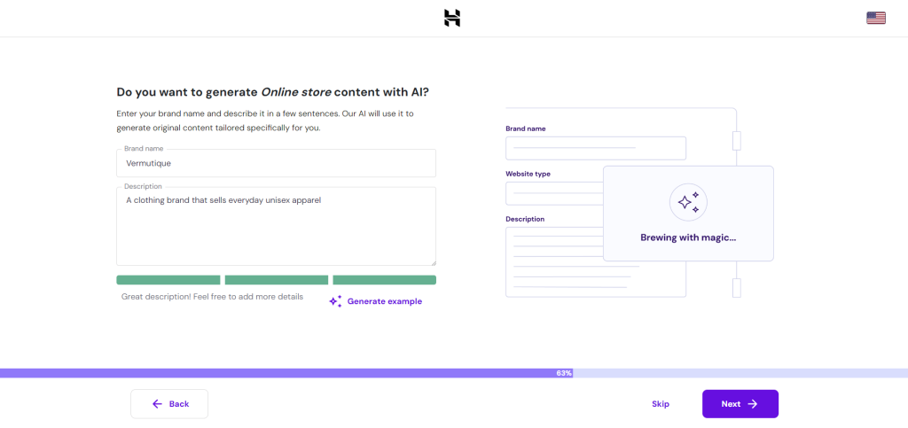 Hostinger's AI content generator in WooCommerce setup wizard