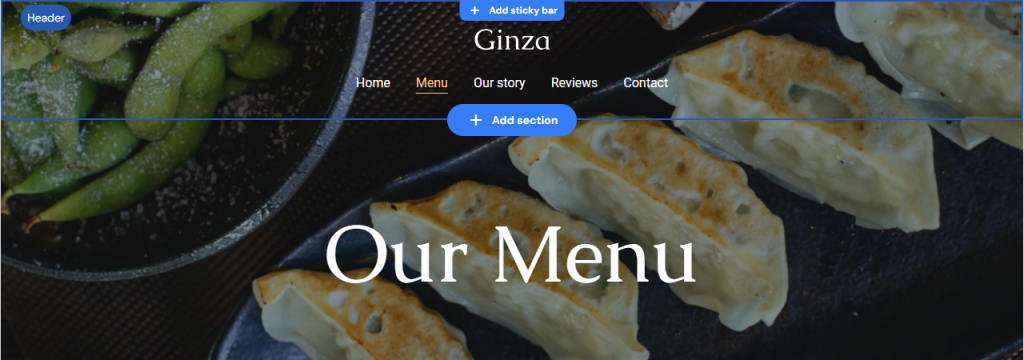 The Menu page on Hostinger Website Builder's Ginza template