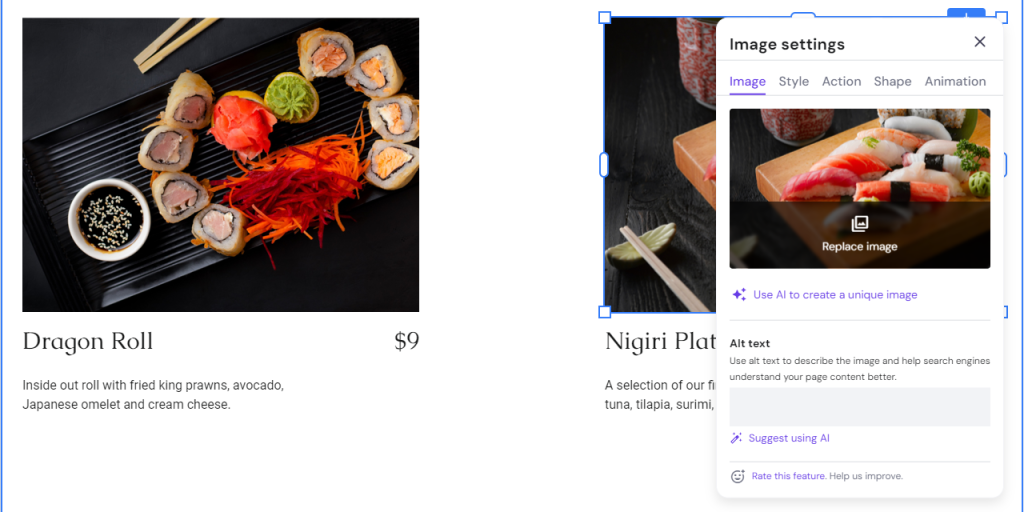 The Image settings pop-up window for editing image elements on Ginza's Menu page