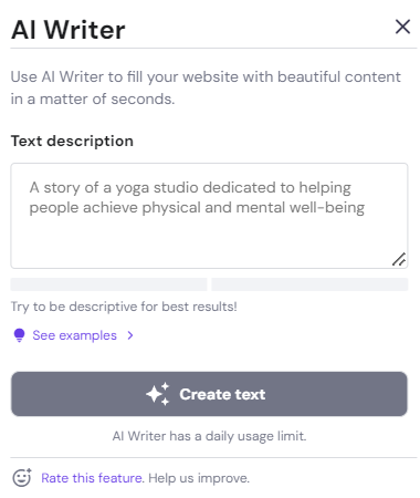 The AI Writer pop-up window with the Create text button