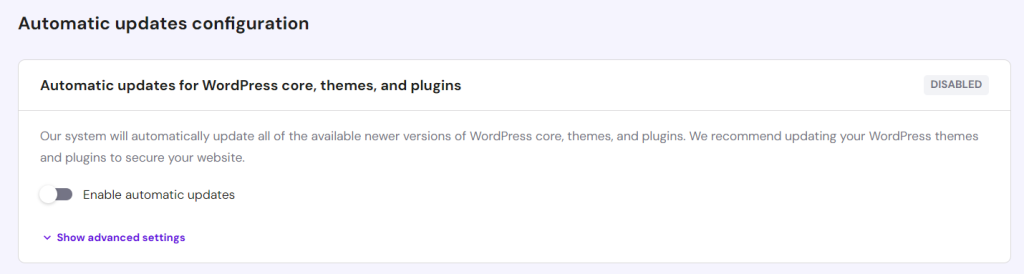 WordPress automatic updates configuration section in hPanel