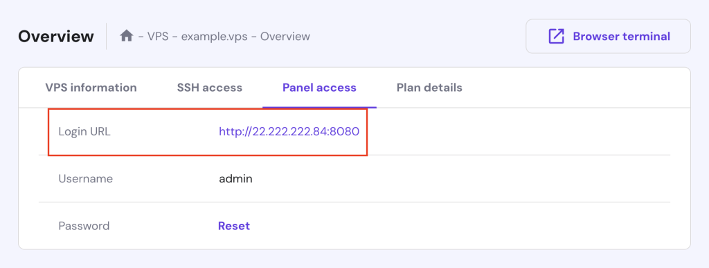 Game Panel's login URL on hPanel's VPS dashboard