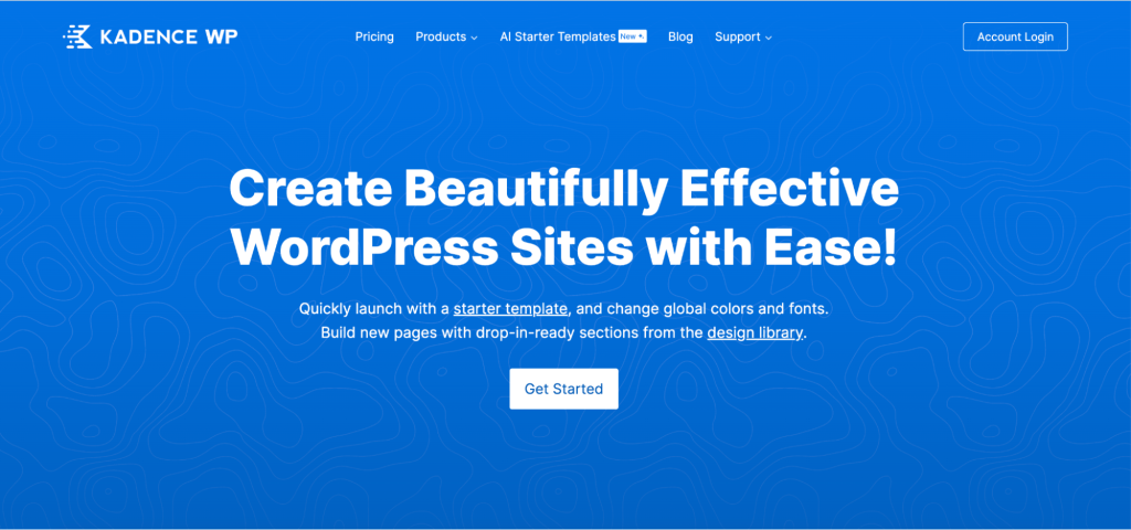 Kadence website with the tagline, "Create beautifully effective WordPress sites with ease"