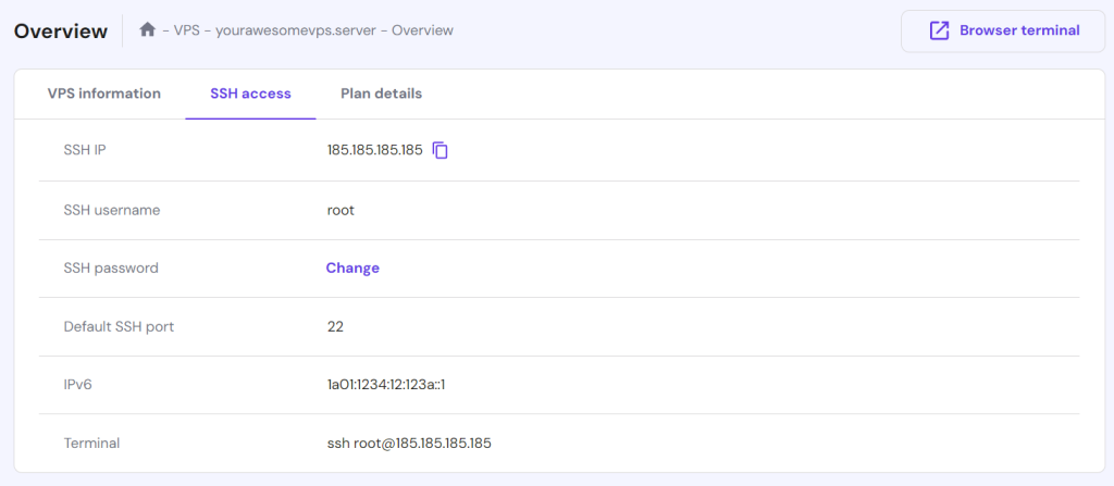 SSH access credentials in hPanel's VPS overview menu