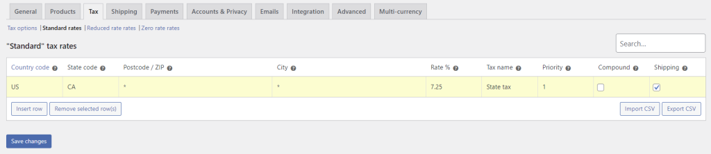 A table of tax classes in WooCommerce's Tax tab