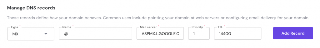 Example of MX record for Google Workspace mail servers