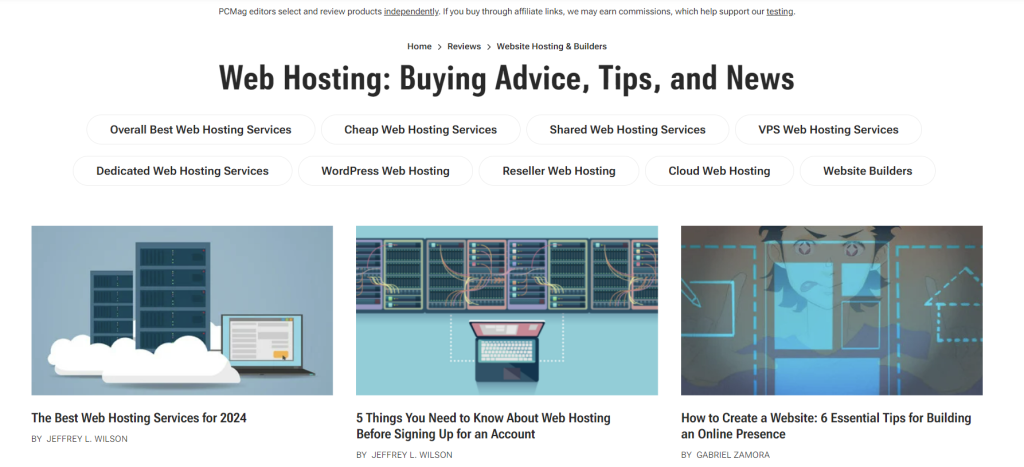 The Web Hosting category page on PCMag