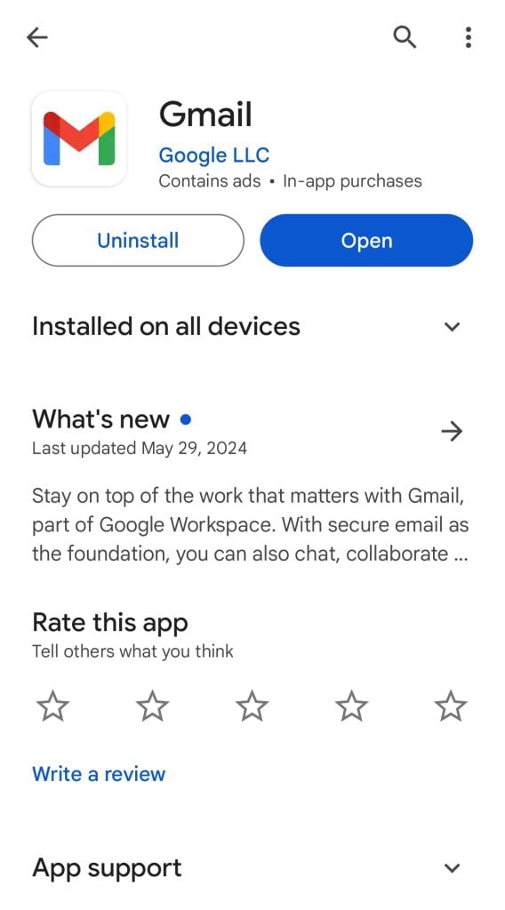 Gmail is downloaded via Google Play Store