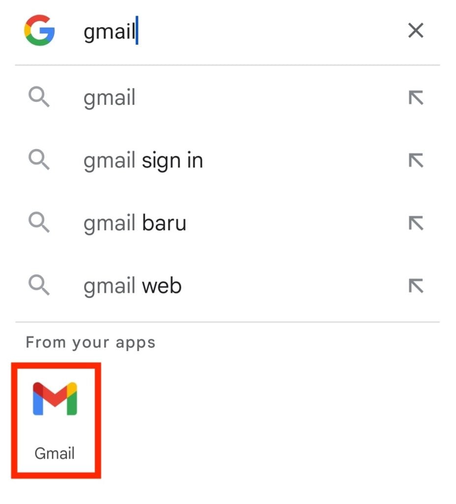 The Gmail app on the Google Search widget