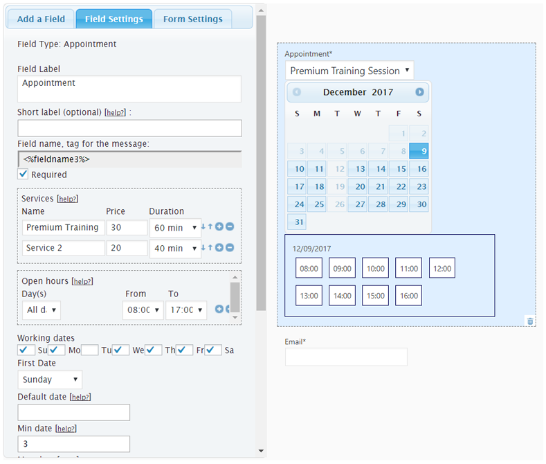 The Field Settings tab when creating a booking calendar using the Appointment Hour Booking plugin